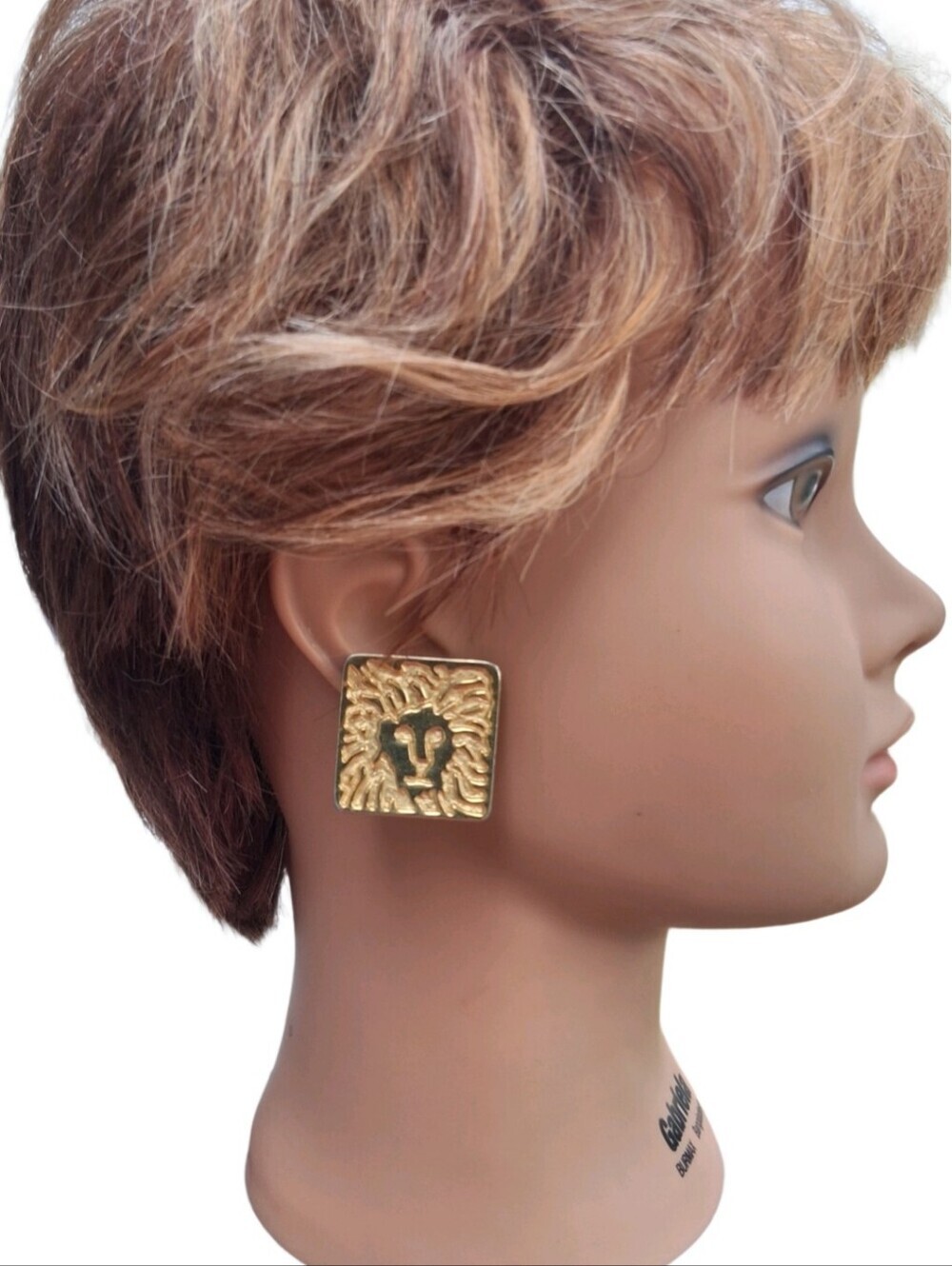 Vintage Anne Klein Gold Lion Head Square Stud Earrings